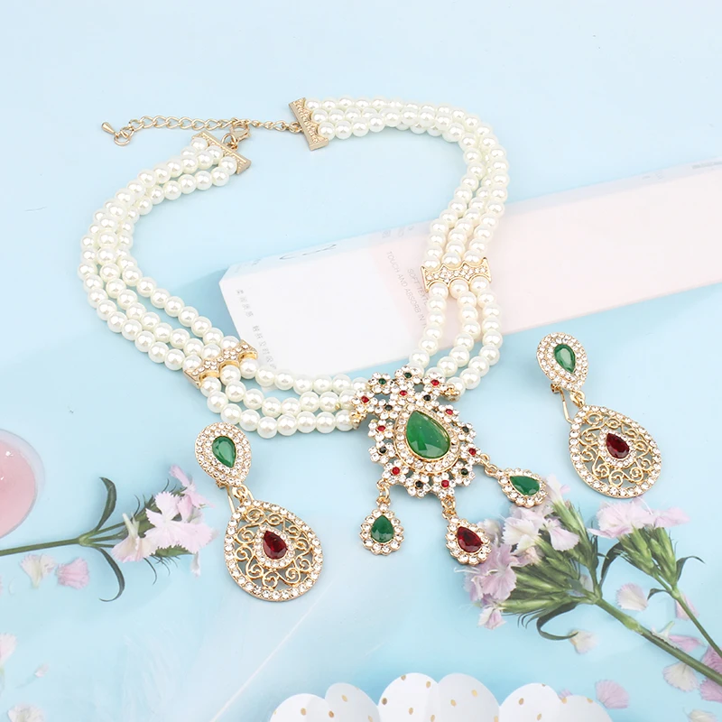 

Moroccan Bridal Jewelry Set Beads Choker Necklace Long Drop Earrings Womens Arabic Wedding Jewelry Pearl Necklace Set for Women