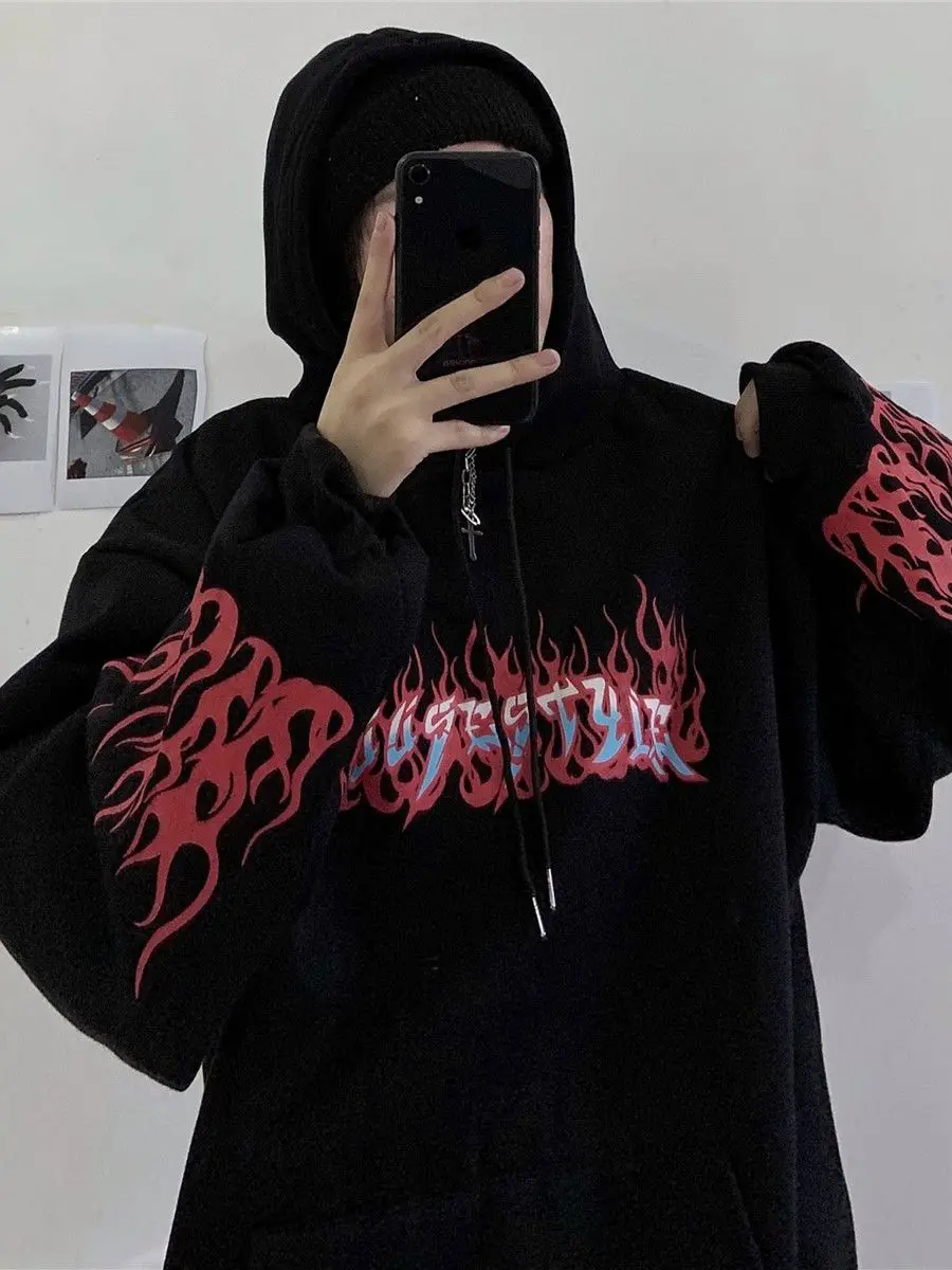 

Cool Black Fire Print Hoodies Men Women Casual Loose Hip Hop Sweatshirts Japan High Street Harajuku Hoodie Fashion Winter Tops