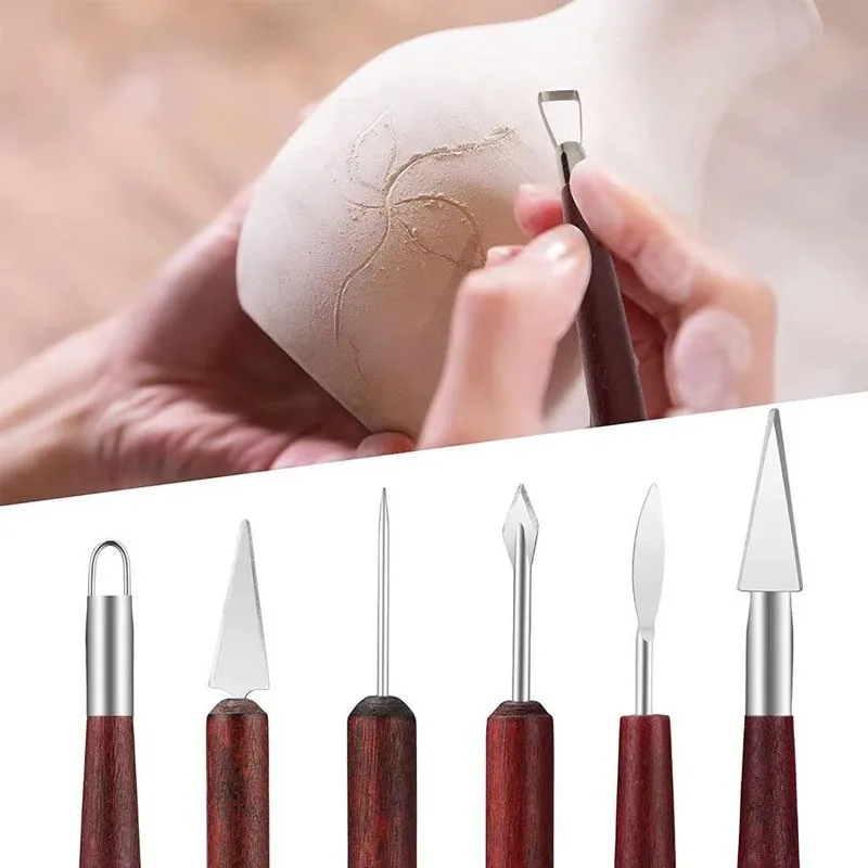 

6-piece Set of Mahogany Double-headed Radium Wire Knife Multi-specification Trimming Carving Knife Clay Beginner Pottery Tools