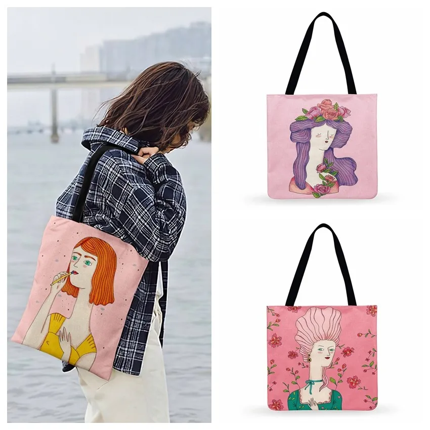 

Scandinavia Art Girls Print Tote Bag For Women Casual Tote Ladies Bag Shoulder Foldable Shopping Bag Outdoor Beach Bags