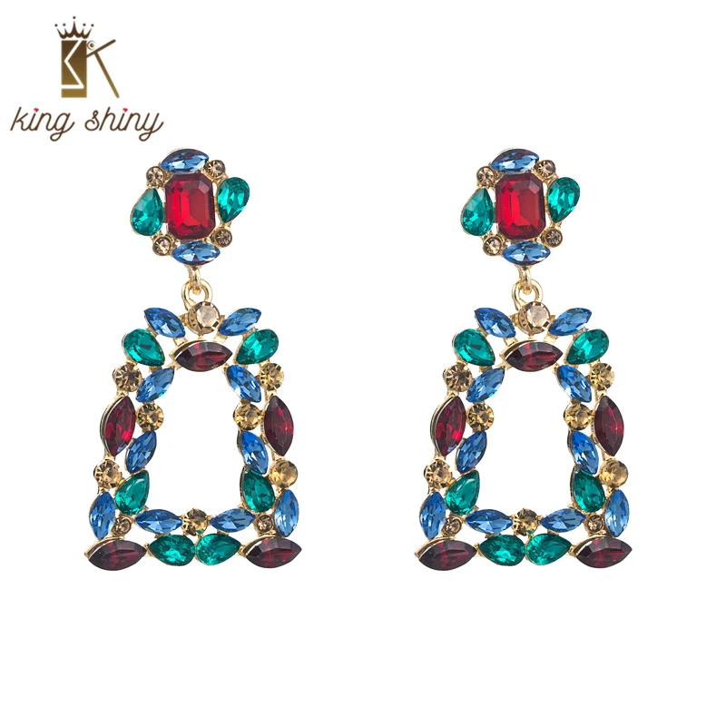 

King Shiny Za Colorful Crystal Dangle Earrings for Woman Trendy Geometric Square Statement Drop Earring Girl Ear Jewelry Brincos