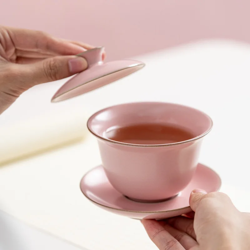 

Pink Ru Kiln Gaiwan Tea Cup Three Talents Bowl Set Ceramic Teacup Tea Bowl with Cover Kung Fu Tea Set Chinese Gaiwan Women Gifts