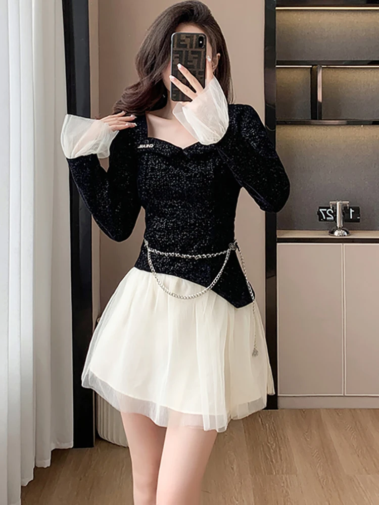 Женское розовое лоскутное белое сетчатое плиссированное платье из синели