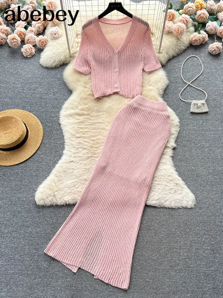 

Модные уличные вязаные пляжные костюмы, Женский Повседневный облегающий топ + эластичная длинная юбка, 2023, корейские сексуальные комплекты из двух предметов