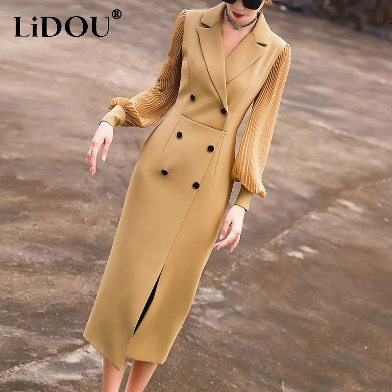 

Spring Autumn Office Lady Elegant Fashion Slit Blazers Dress Female Long Sleeve Double Breasted Temperament Bodycon Robe Vestido