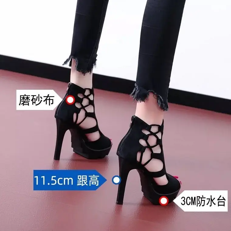 2023 Summer Super High Heels Stiletto Sandals Women's Platform Black Peep Toe Buckle Sexy 11cm Catwalk Show