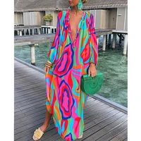 beach wear summer fashion boho style casual loose round neck maxi dress abstract print button front long sleeve shirt dress