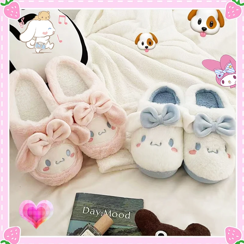 

Sanrioed Plush Slippers Kawaii Warming Winter Anime My Melody Cinnamoroll Cute Home Shoes Soft Fluffy Lovely Kids Girls Gifts