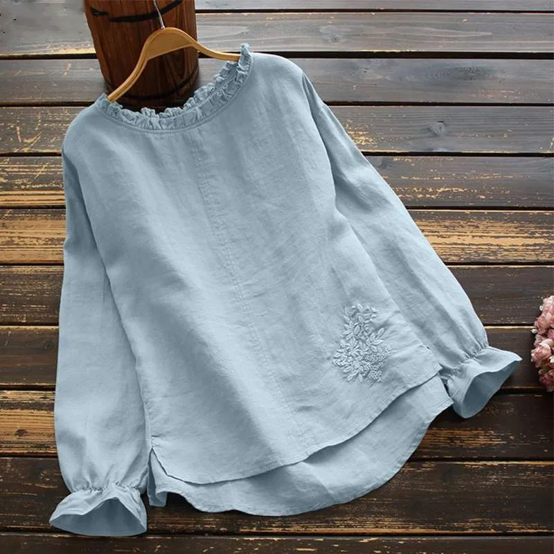 

Fashion Woman Blouse Fashion Embroidery Shirt Women's Autumn 2023 Casual Crew Neck Long Sleeve Ruffled Shirt Women's Top