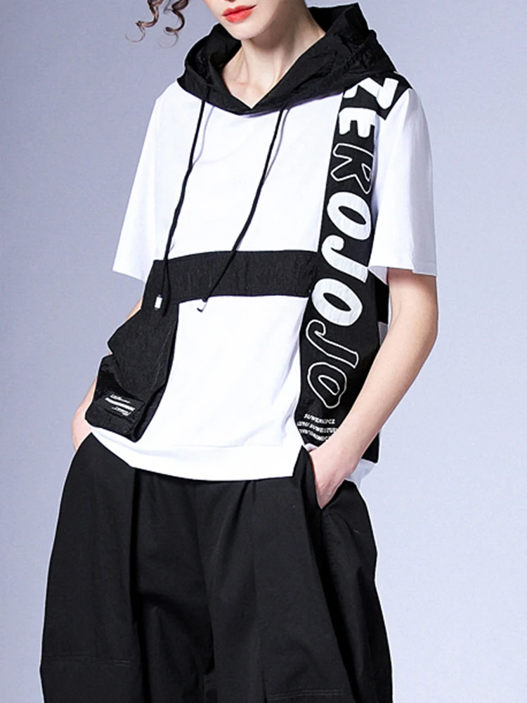 

XITAO/Лоскутная футболка с буквенным принтом в Корейском стиле; Новинка 2023 года; Летняя модная свободная футболка с капюшоном и короткими рукавами; WLD16437