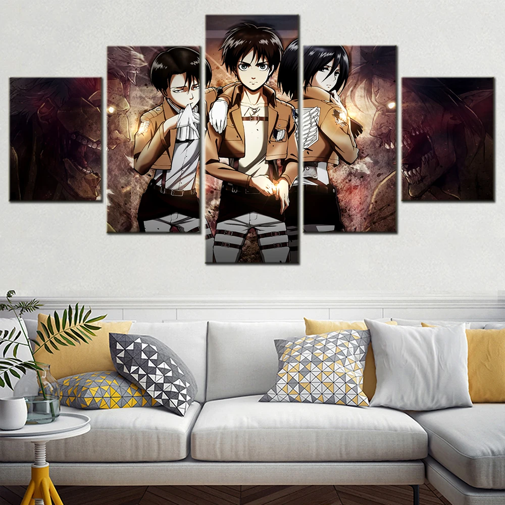 

Interior Home Decor HD Printed Canvas Painting Art Anime Figure 5 Panel Attack on Titan Posters Decoration Pictures Room Wall