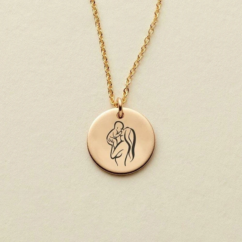 Personalized Necklace for Women New Stainless Steel Round Pendant Mom Baby Jewelry Mothers Day Gift Collar Grabado Personalizado