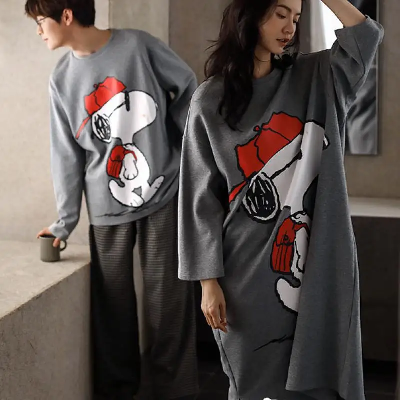 

Snoopy Spring/autumn Cartoon Couple Pajamas Kawaii Anime Women's Long-Sleeved Cotton Nightdress Men's Plus Size Home Clothes
