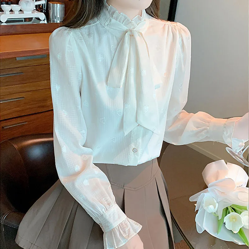 Модная женская рубашка с рюшами на шнуровке шифоновая длинными рукавами блузка