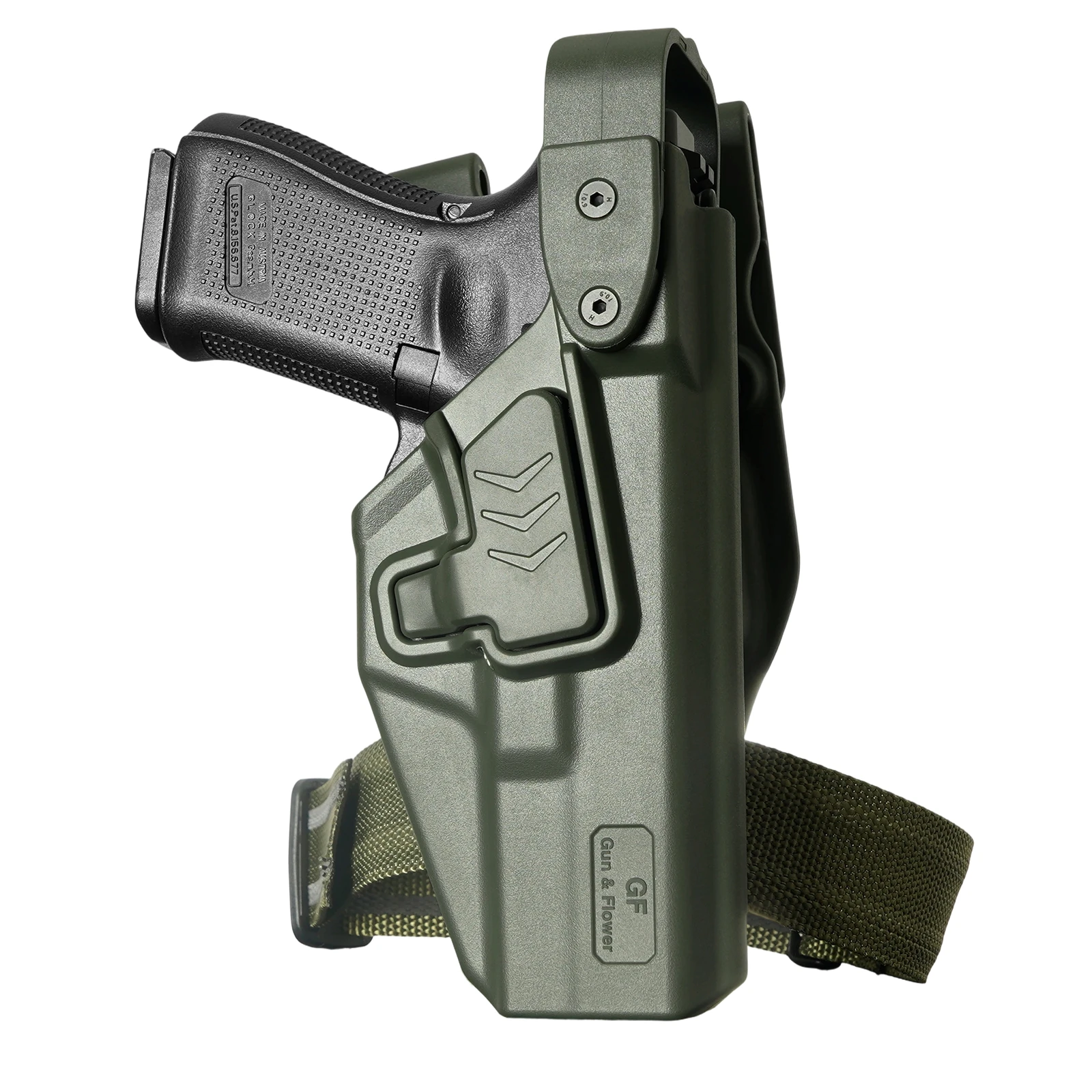 Фото Для Glock 17/19/19x/23/31/32/45 (1-5 поколений), G22 (1-4 поколения), уровень защиты III, кобура OWB, зеленая кобура, замок, поясная сумка, полимерный ремень с фиксацией. №2