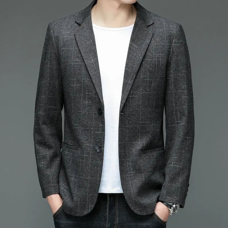 Spring Autumn Men Plaid Pattern Blazers Dark Gray Business Jacket Suit Male Elegant Calssical Notched Collar Outfits Coat New