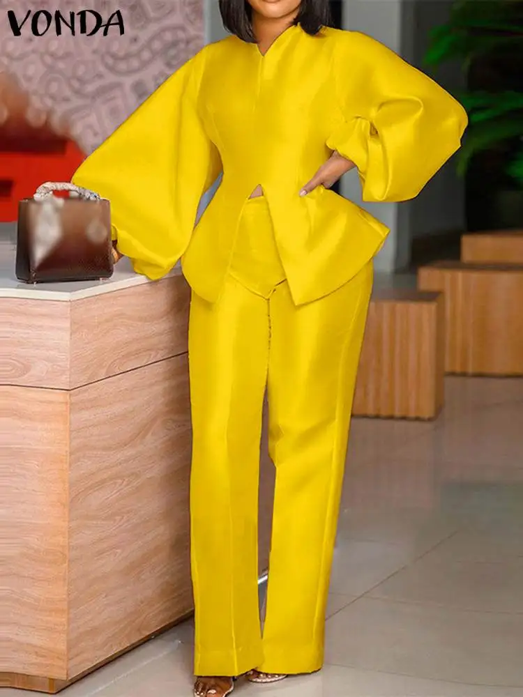 

Casual Solid Women Sets VONDA Summer Spring Sexy Split Hem Peplum Tops With High Waist Long Trousers Femme Satin Slik Pant Sets