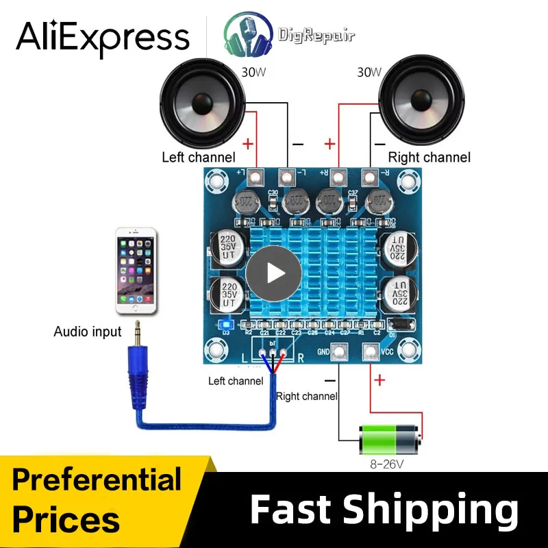 

3a Audio Power Amplifier Board Dual Channel 12v24v Digital Audio Power Amplifier Board Easy To Link 30w30w Mp3 Amplifier Module