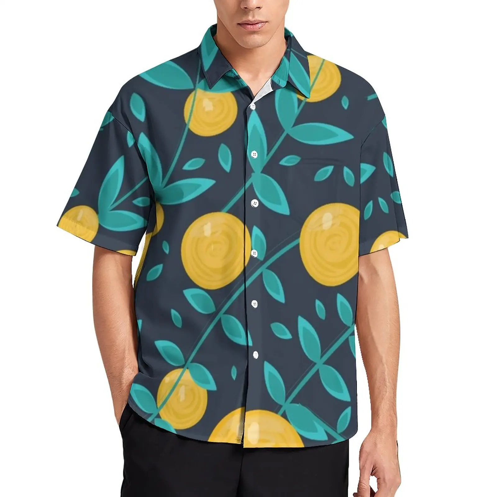 

Oranges Leaves Loose Shirt Male Vacation Fruit Vintage Print Casual Shirts Summer Graphic Short Sleeve Stylish Oversize Blouses