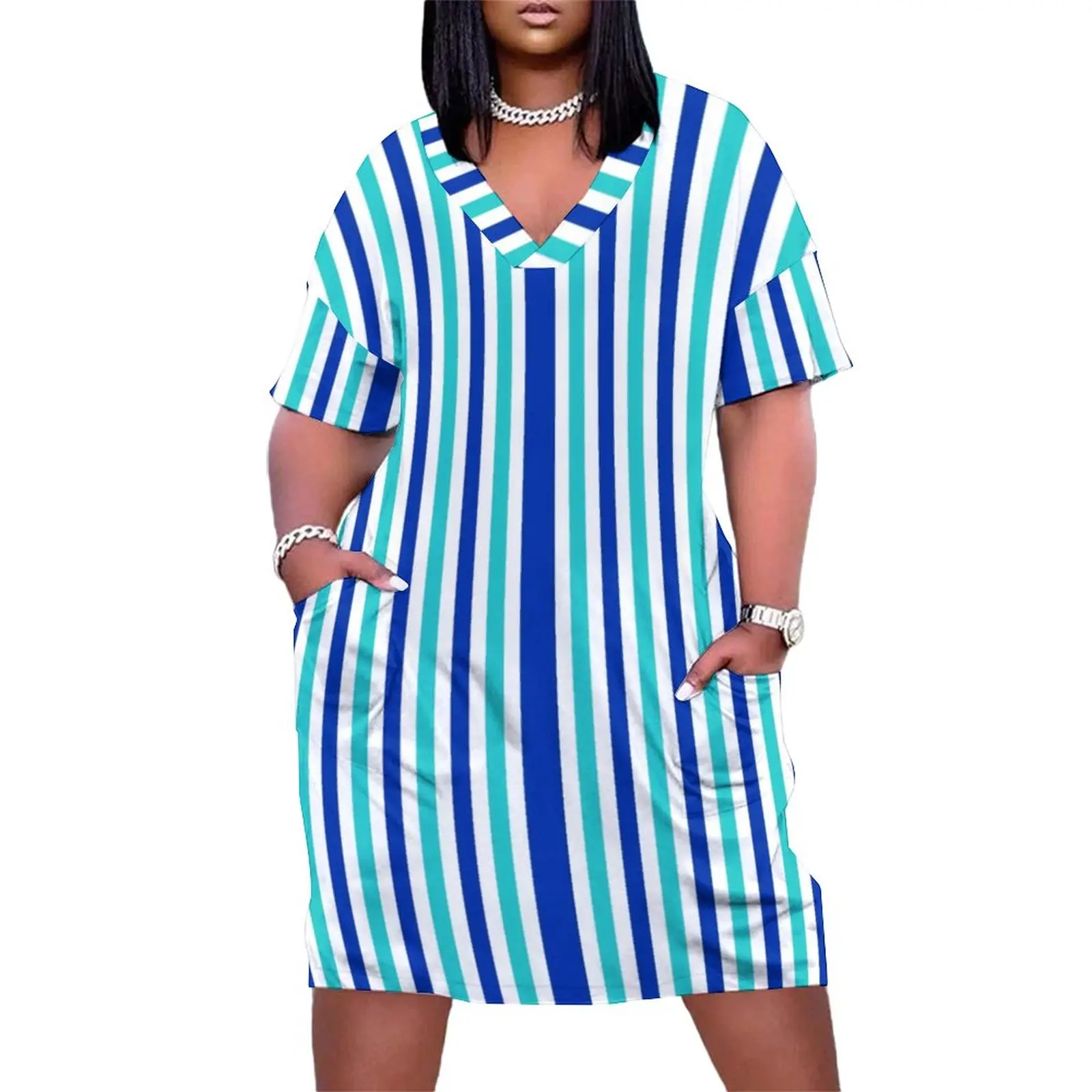 Vertical Striped Dress V Neck Blue And White Streetwear Dresses Summer Cute Casual Dress Woman Pattern Plus Size Clothes