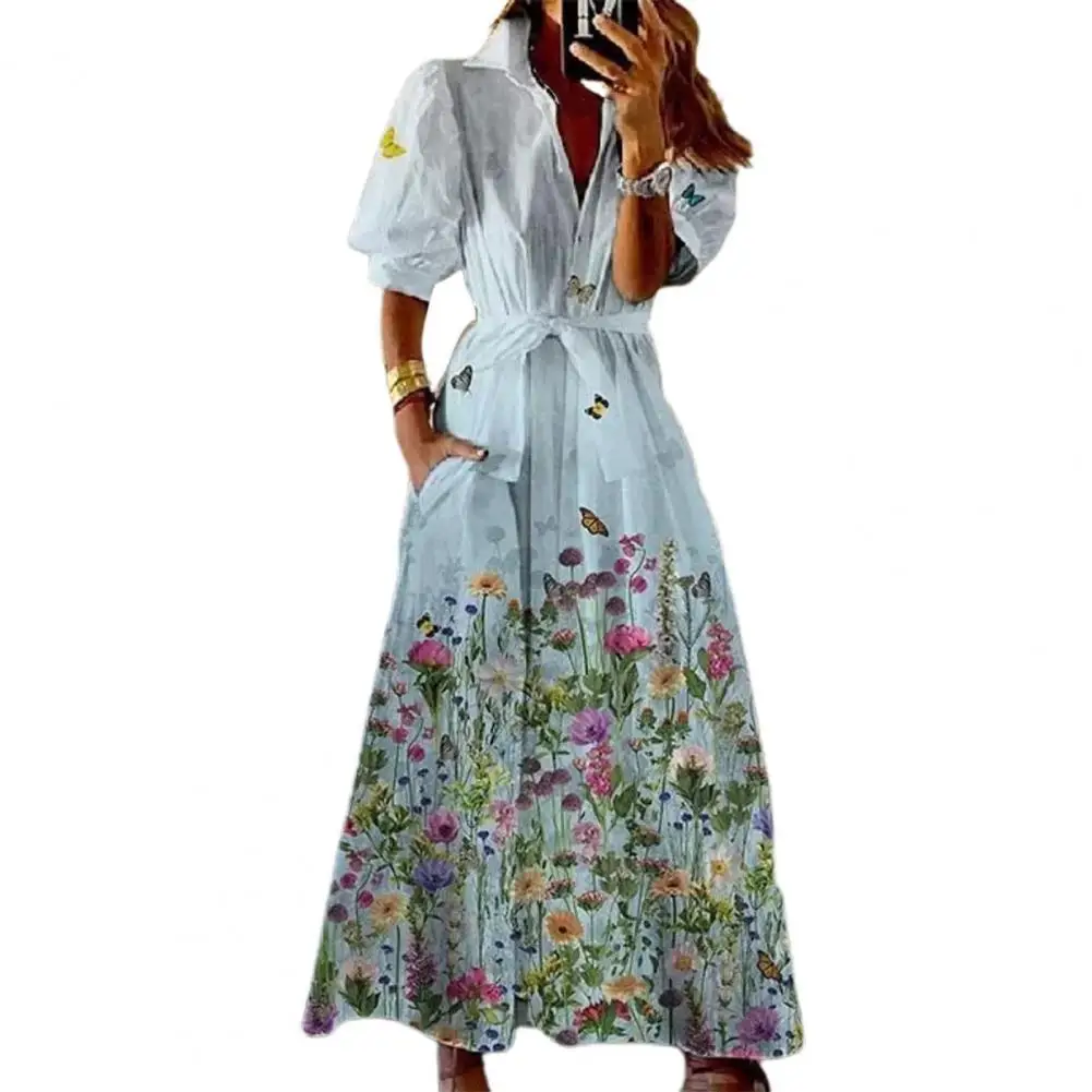

Elegant Puff Sleeve Lace-Up Dress Women Floral Print Beach Party Vestidos Casual Lapel Button Pocket Long Dresses for women 2022