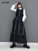 xitao women fashion dress pocket pullover black small fresh casual style 2021 autumn minority patchwork elegant dress cll1258