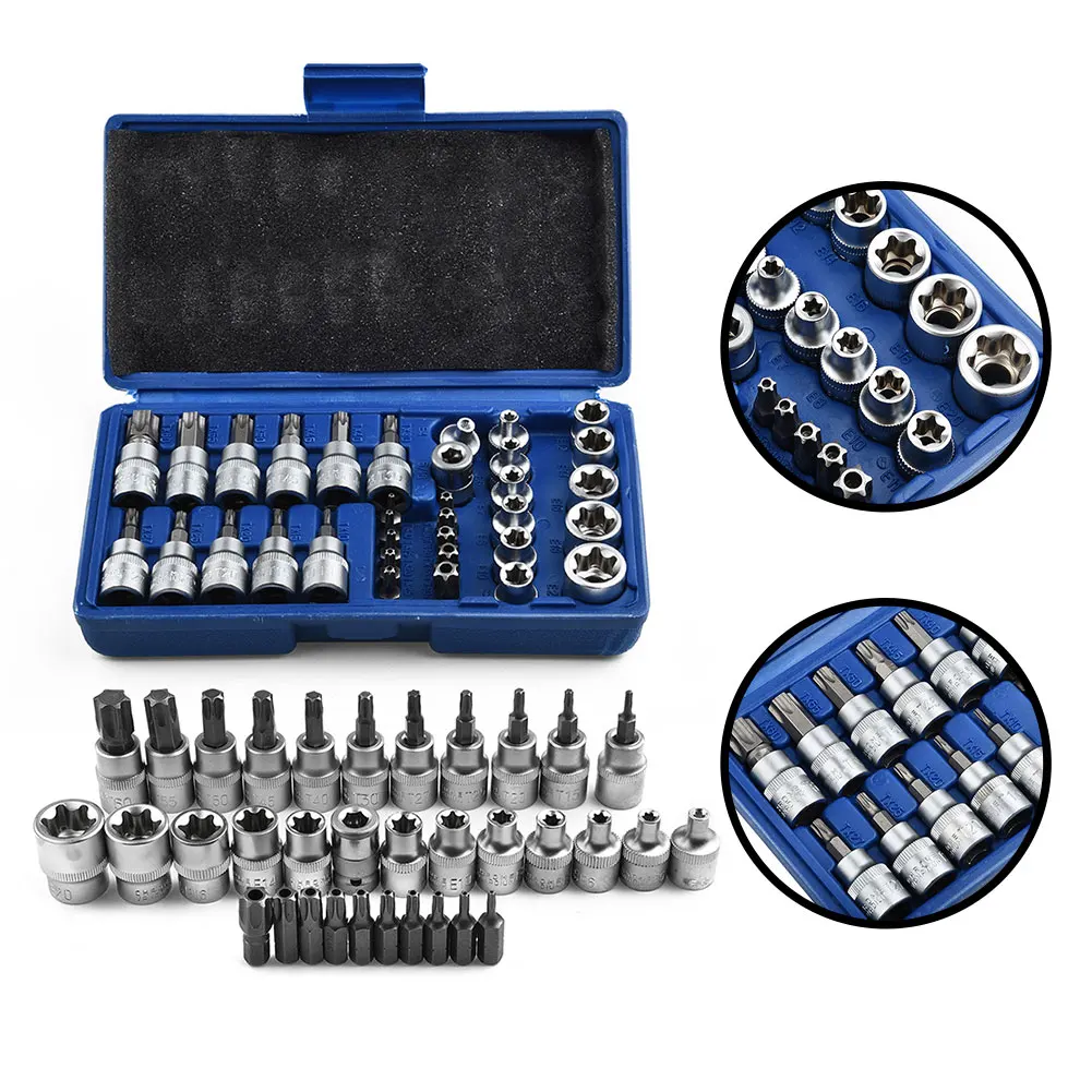 

34Pcs Torx Star Sockets Bit Set 3/8'' T10 15 20 25 27 30 40 45 50 55 60 Male Female E-Security Drive Handheld Tool