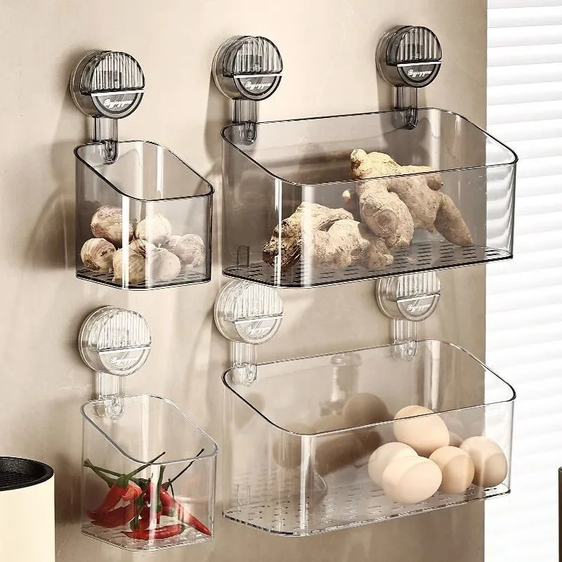 

Kitchen Wall-Mounted Garlic Storage Basket Suction Cup Punch-Free Vegetable Seasoning Storage Container Condiment Organizer