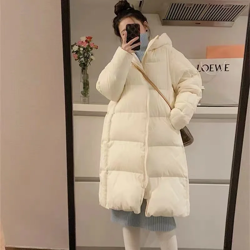 Solid Color Down Jacket Fashion Winter Coat Women New Niche Thick Warm Bread Loose Hat V-neck White Eiderdown Zipper Coat