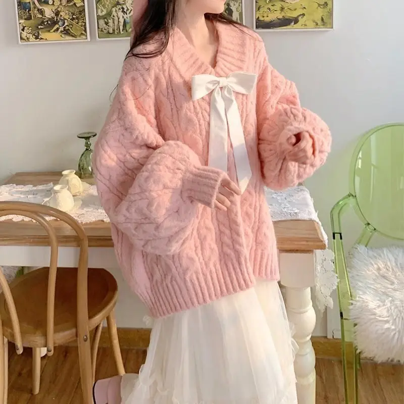 

Women's Vintage V-neck Casual Versatile Loose Solid Knitwear Sweater Cute Tops Autumn Winter Korean Fashion Pullover Q130