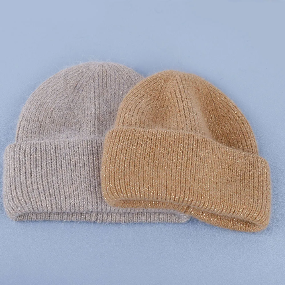 

2022 NEW Double layer Angola Rabbit Fur Winter Hat for Woman with Gold wire Autumn Knitted Bonnet Warm beanie Gift free shipping