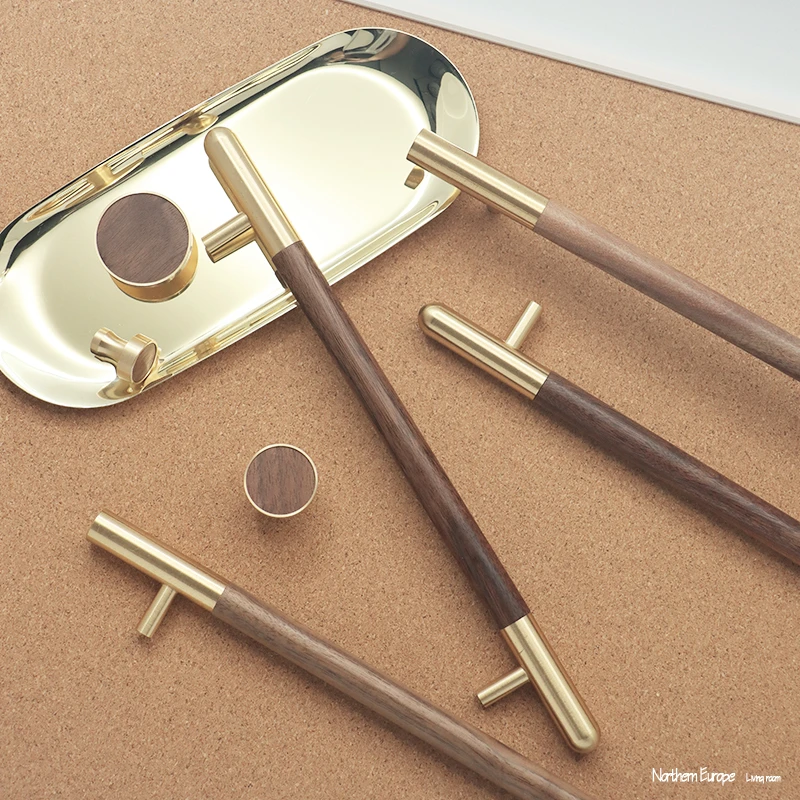 

610mm Length Modern Black Walnut Solid Wood+H65 Pure Brass Wardrobe Door Drawer Furniture Copper Surface Mounted Handle