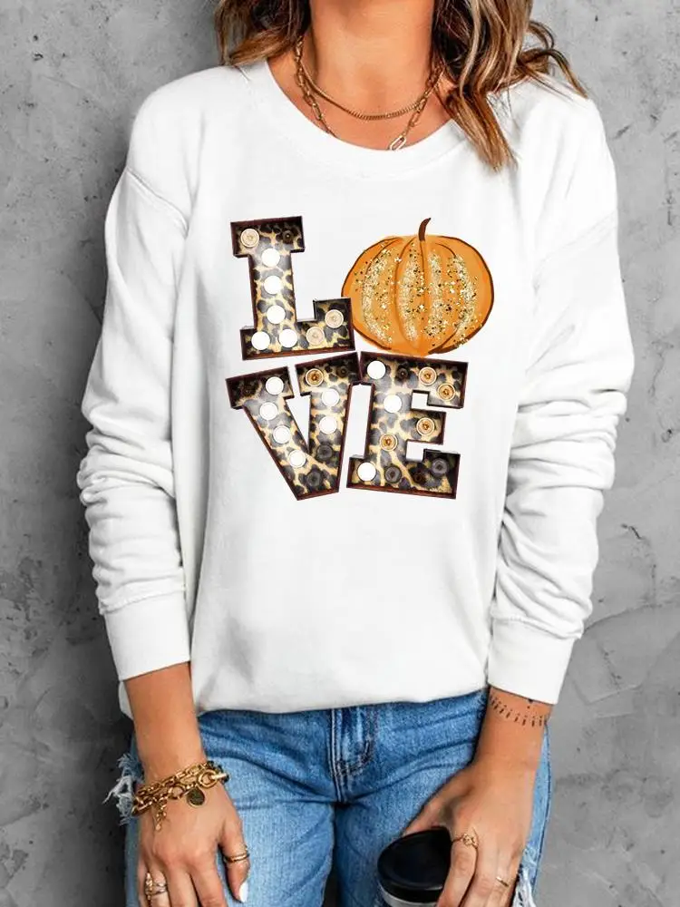 

Women Love Letter Pumpkin Style Fall Thanksgiving Autumn Clothing Halloween Fashion Pullovers O-neck Female Graphic Sweatshirts