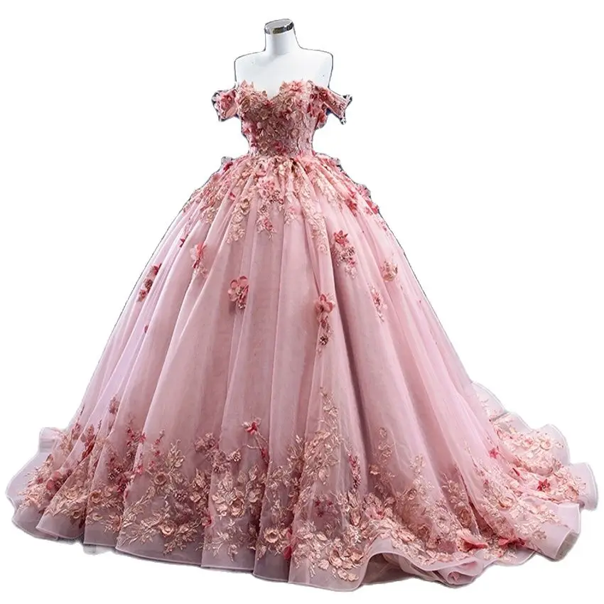 

Pink Sweetheart Quinceanera Dresses 3D flowers Ball Gown Sweet 16 Dresses Vestidos De 15 Years Tulle Prom Party Gowns Q22285