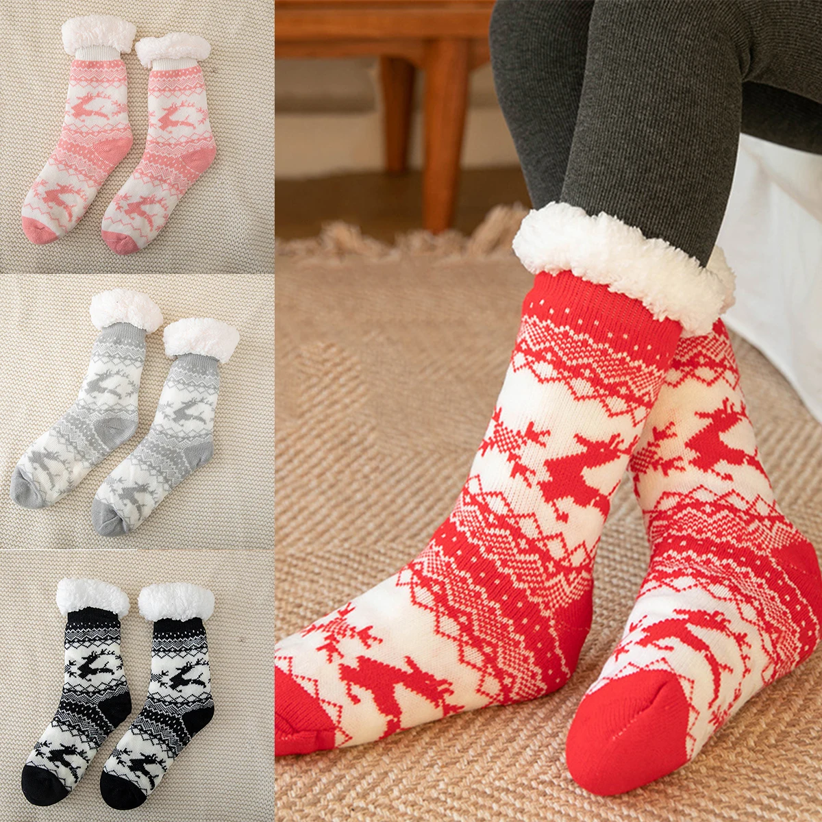 

Winter Floor Socks Women's Fawn Thickened Non-Slip Silicone Acrylic Socks Wool Lined Socks Winter Warm Soft Fur Bed Socks