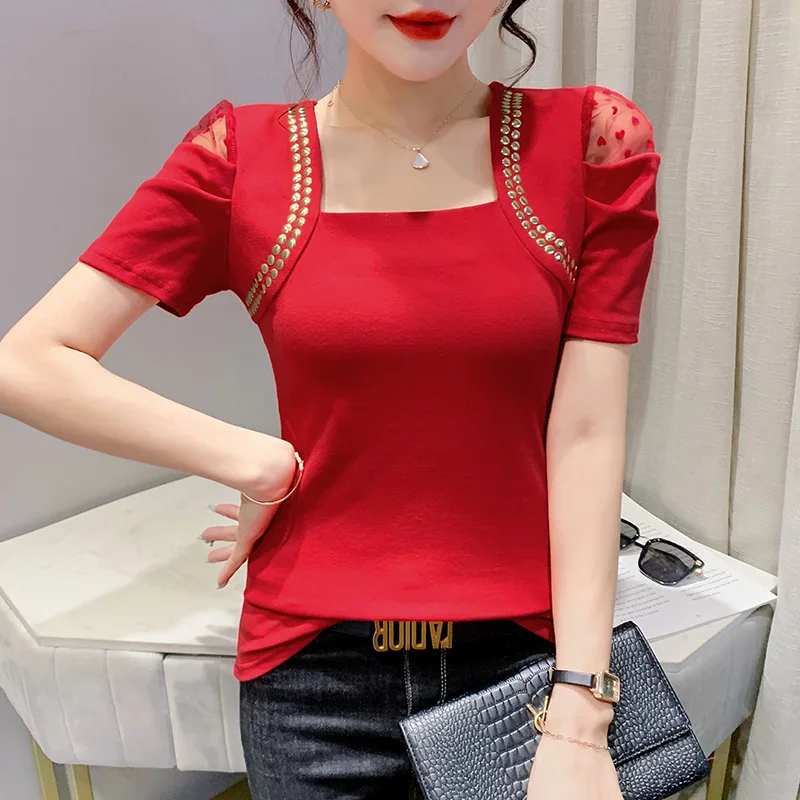 

2022 Summer New Design Sense Fashion Puff Sleeves Hollowed-out Hot Drill Foreign Style Solid Color Short-sleeved T-shirt Women