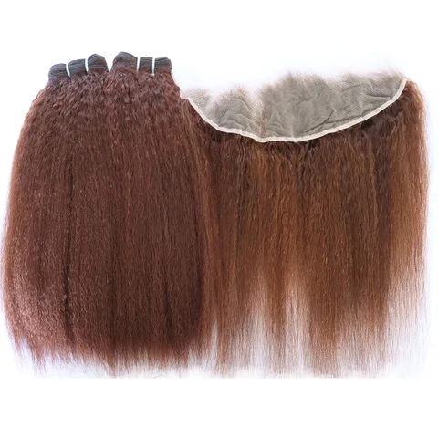Светло-коричневый # 4-цветные пучки человеческих волос Virgin Remy с утком и кружевной фронтальной застежкой, странные прямые грубые яки, прозрачное кружево