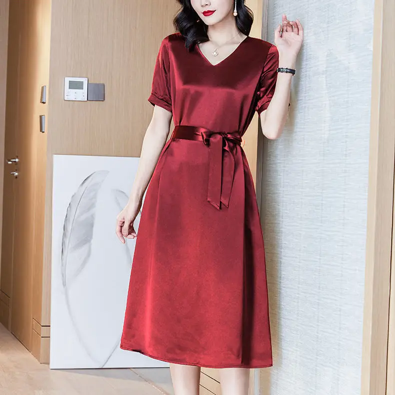 

2022 Women's Summer New Short Sleeve Satin Dress Female V-neck Solid Color Vestidos Ladies Elegant Loose A-line Dresses J02