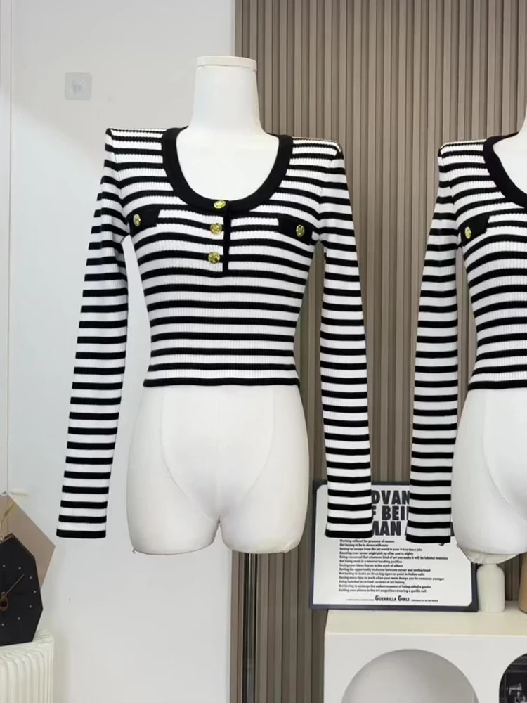 Зимний женский полосатый винтажный тонкий трикотаж с длинным рукавом