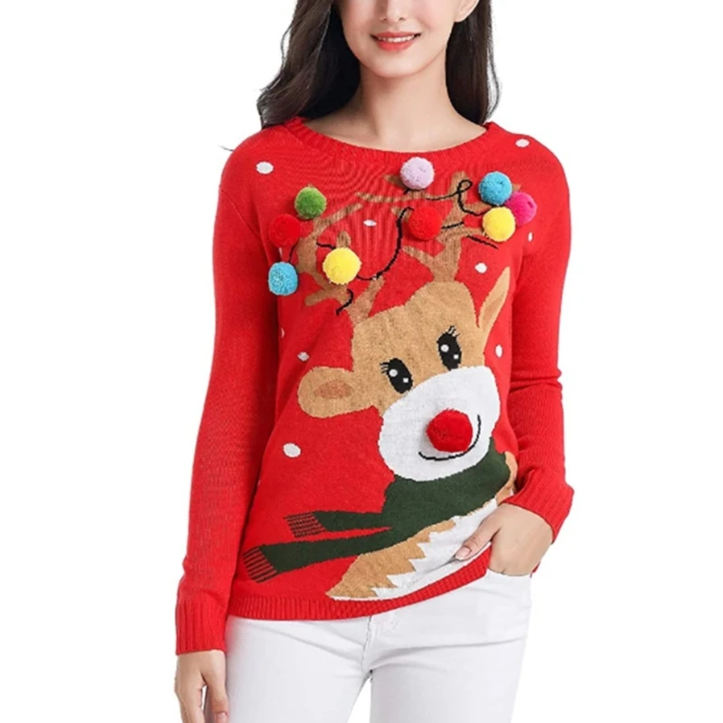 

Women Colorful Plush Pompom Christmas Sweater Cartoon Reindeer Print Holiday Long Sleeve Knitwear Pullover Jumper Top