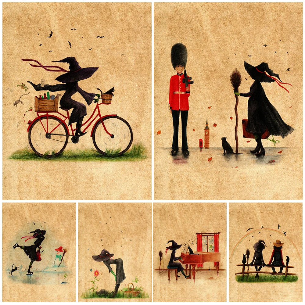 

Witches And Private Soldiers Vintage Wall Art Canvas Painting Skating Witches And Biking Witches Art Poster Print And Home Decor