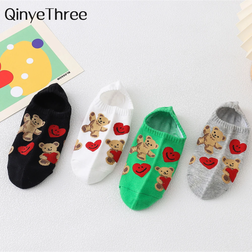 

Носки женские хлопковые дышащие, шикарные милые Невидимые Носки с рисунком медведя, Красного сердечка, Милого Животного, для девушек, дропш...