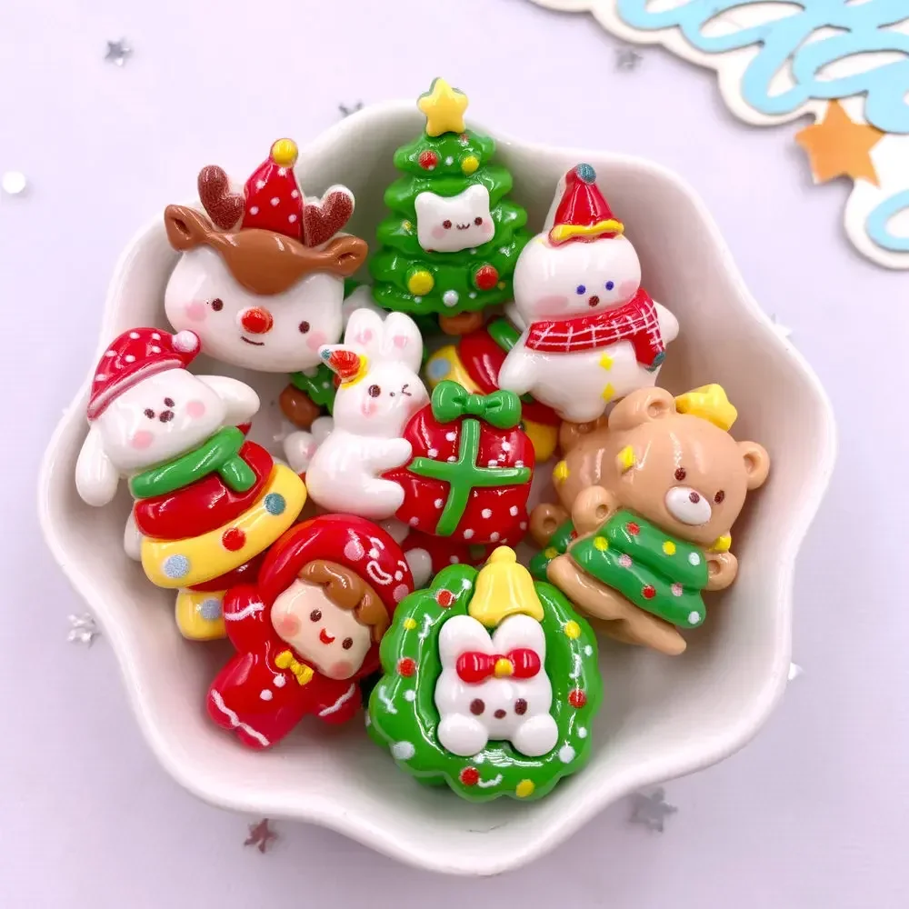 

10 шт. разноцветных фигурок из смолы: кролик, медведь, олень, рождественская елка, венок, мультяшные персонажи, плоские стразы для скрапбукинга и DIY декора M439 R