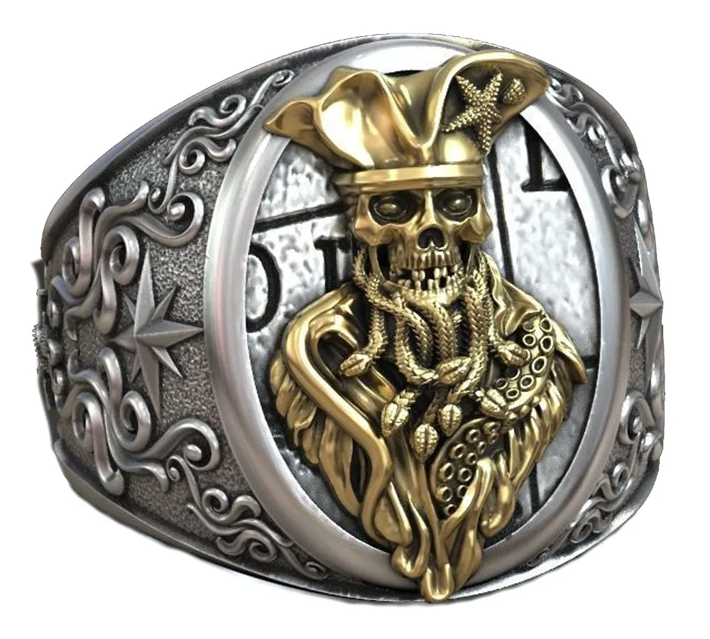 

35g 3D Big Ring Undead Pirate Snakes Wind Rose Anchor Art Relief 925 Solid Sterling Silver Rings