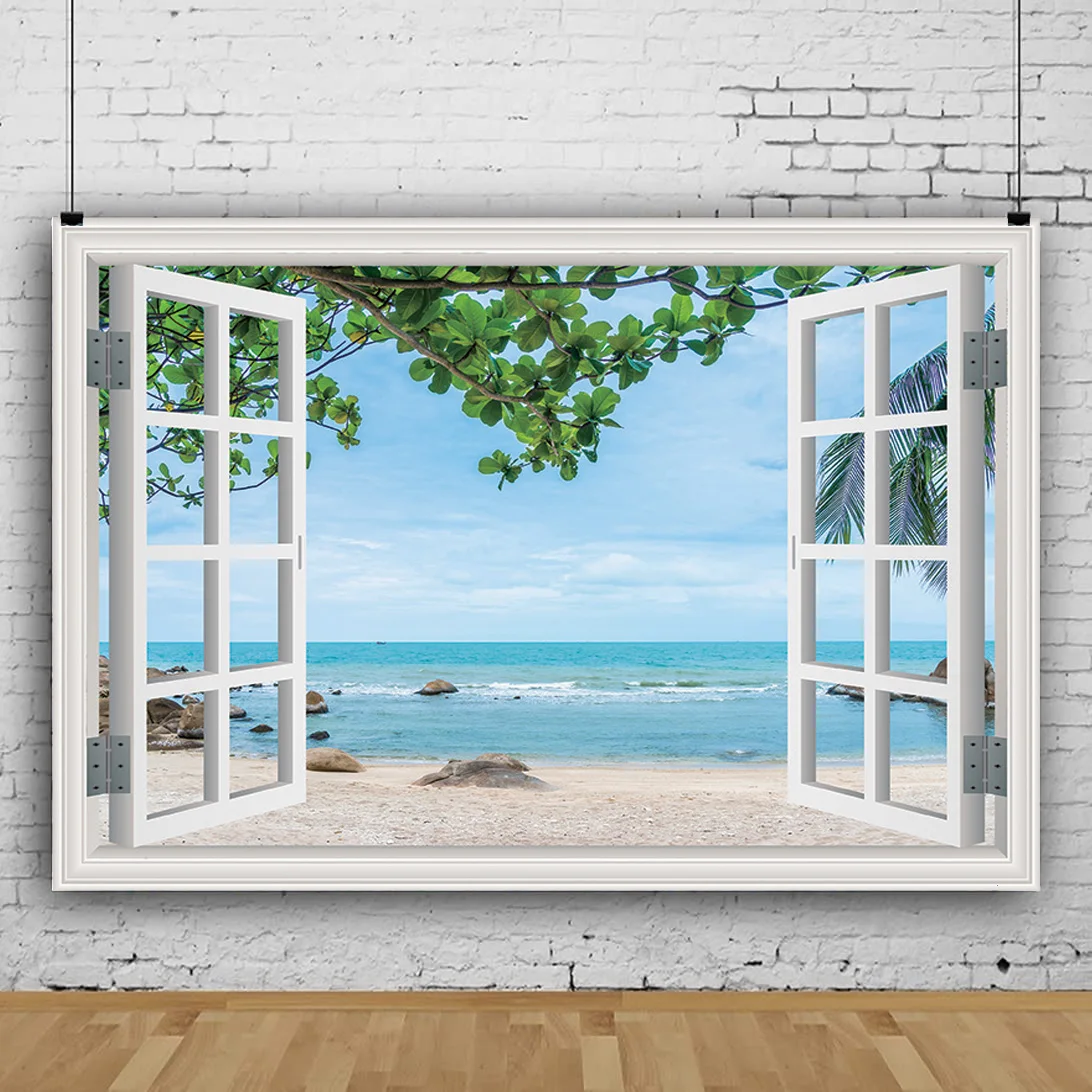 

SHENGYONGBAO Window Beach Coconut Tree Photography Backdrops Props Scenery Mall Indoor Decoration Photo Studio Background HH-21