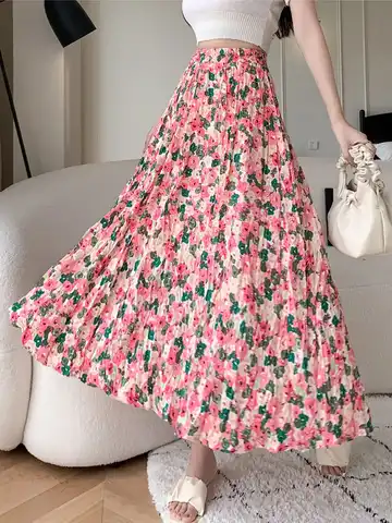 SURMIITRO Long Midi Skirt Women 2023 Summer Korean Fashion Red Floral Print Elegant Aesthetic High Waist Skirt Female