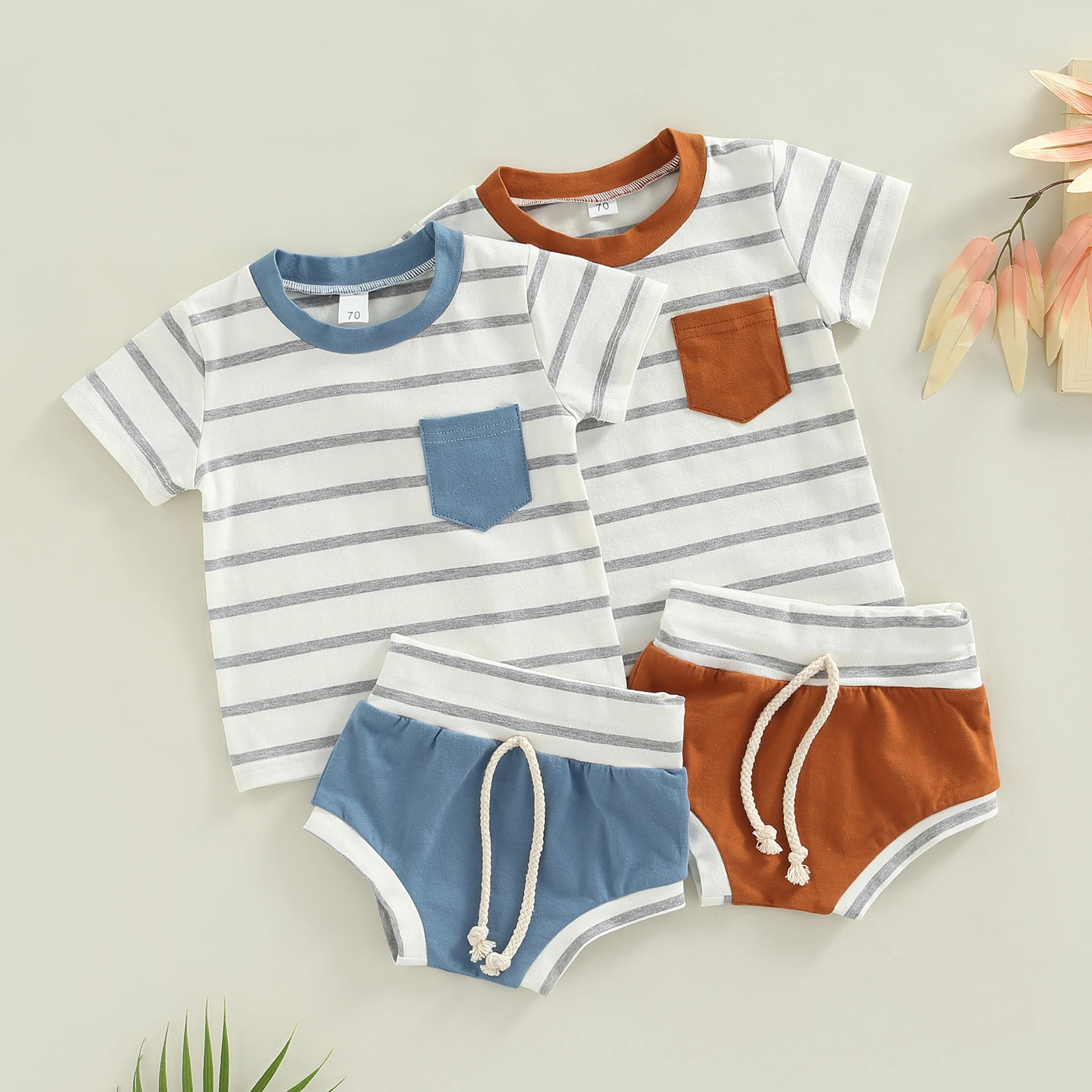 

Infant Newborn Baby Boys 2Pcs Summer Outfits, Short Sleeve Striped Print Pocket Tops + Shorts Set 0-3T