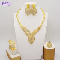 dubai gold color jewelry sets leaf shape indian african copper wedding jewelry necklace bracelet ring earrings bridal gifts