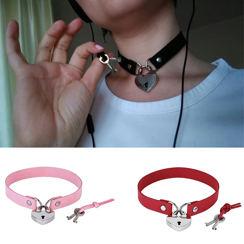 

Leather Bondage Padlock Collar Choker Necklace Lock Heart Couple Jewelry