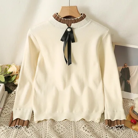 Neploe пуловеры с полувысоким воротником и бантом, модные топы с низом, женские топы Y2k, искусственный свитер из двух предметов с длинными рукавами Mujer